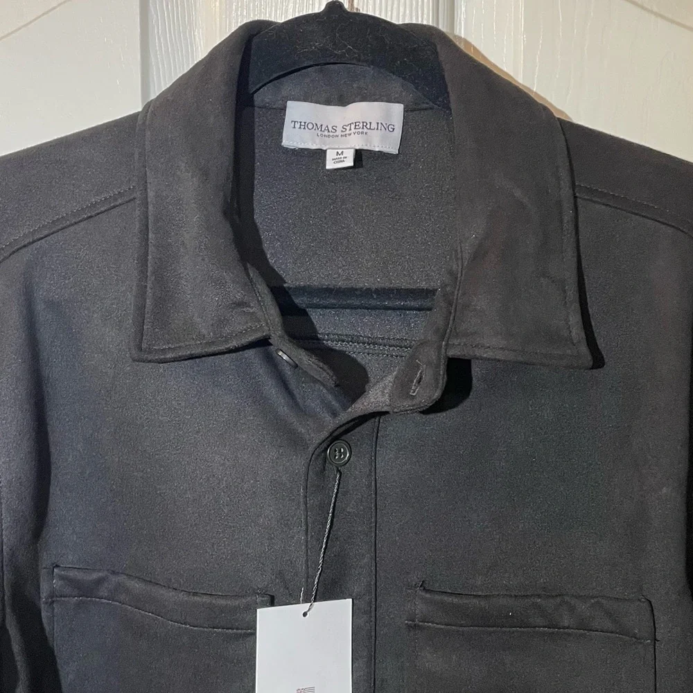 Thomas Sterling Black Faux Suede Button Down Shirt Men’s Medium NWT - Picture 3 of 4